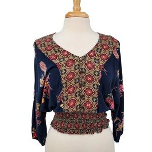 NWT Gypsies & Moondust Womens Boho Floral Paisley Print V-Neck Top Blouse Sz L